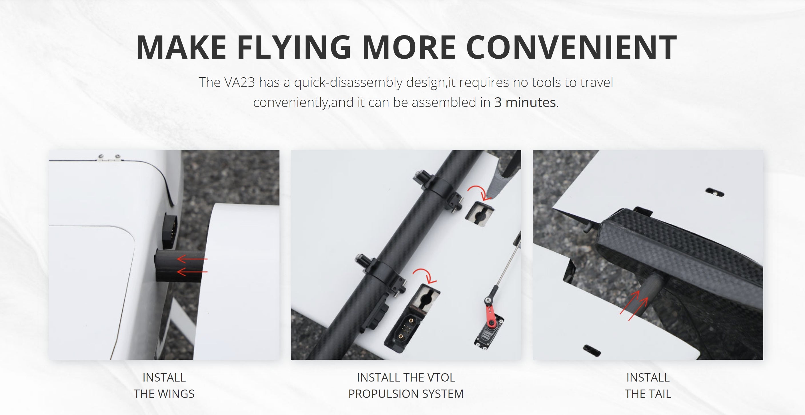 T-Motor T-Drone VA23 VTOL Drone, Make flying more convenient with the VA23 tool-free disassembly and assembly in just 3 minutes.