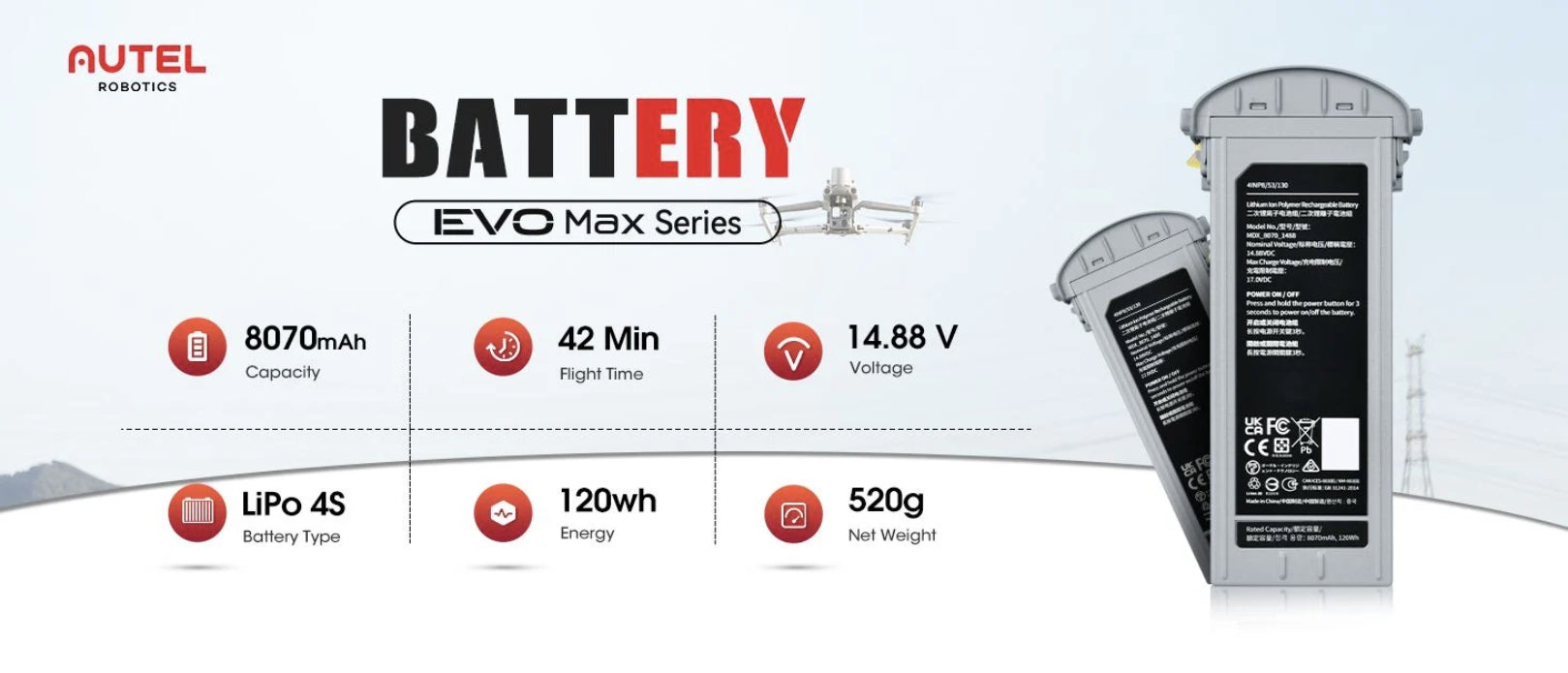 Autel EVO Max 4T/4N Intelligent Flight Battery, Autel EVO 4T Battery provides high-capacity power for endurance, offering up to 42 minutes of flight time and reliable performance.