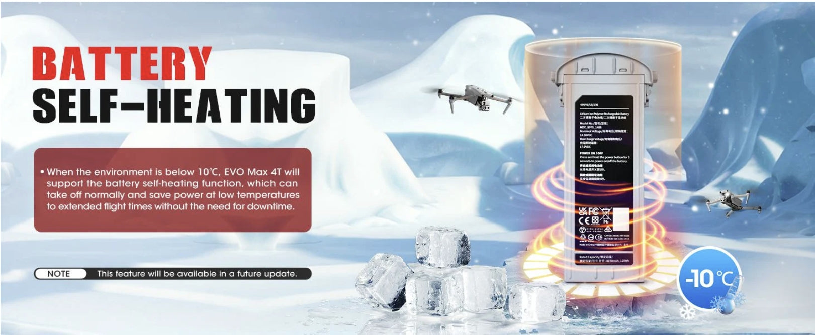 Autel EVO Max 4T/4N Intelligent Flight Battery, EVO Max 4T supports battery self-heating for normal takeoff and extended flight time at low temperatures below 10°C.