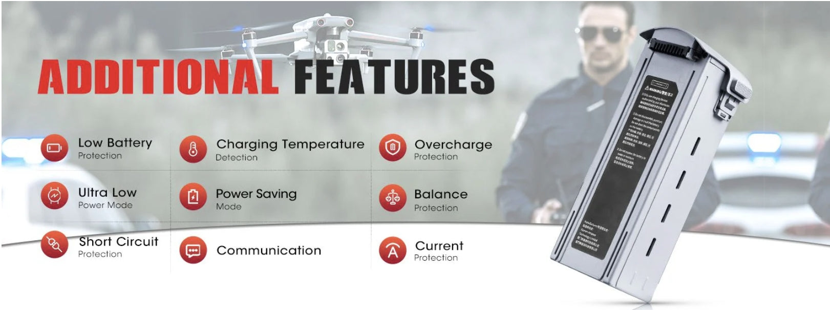 Autel EVO Max 4T/4N Intelligent Flight Battery, The device features low battery charging temperature, overcharge protection, ultra low power saving, balanced power mode, short circuit protection, and communication protection.