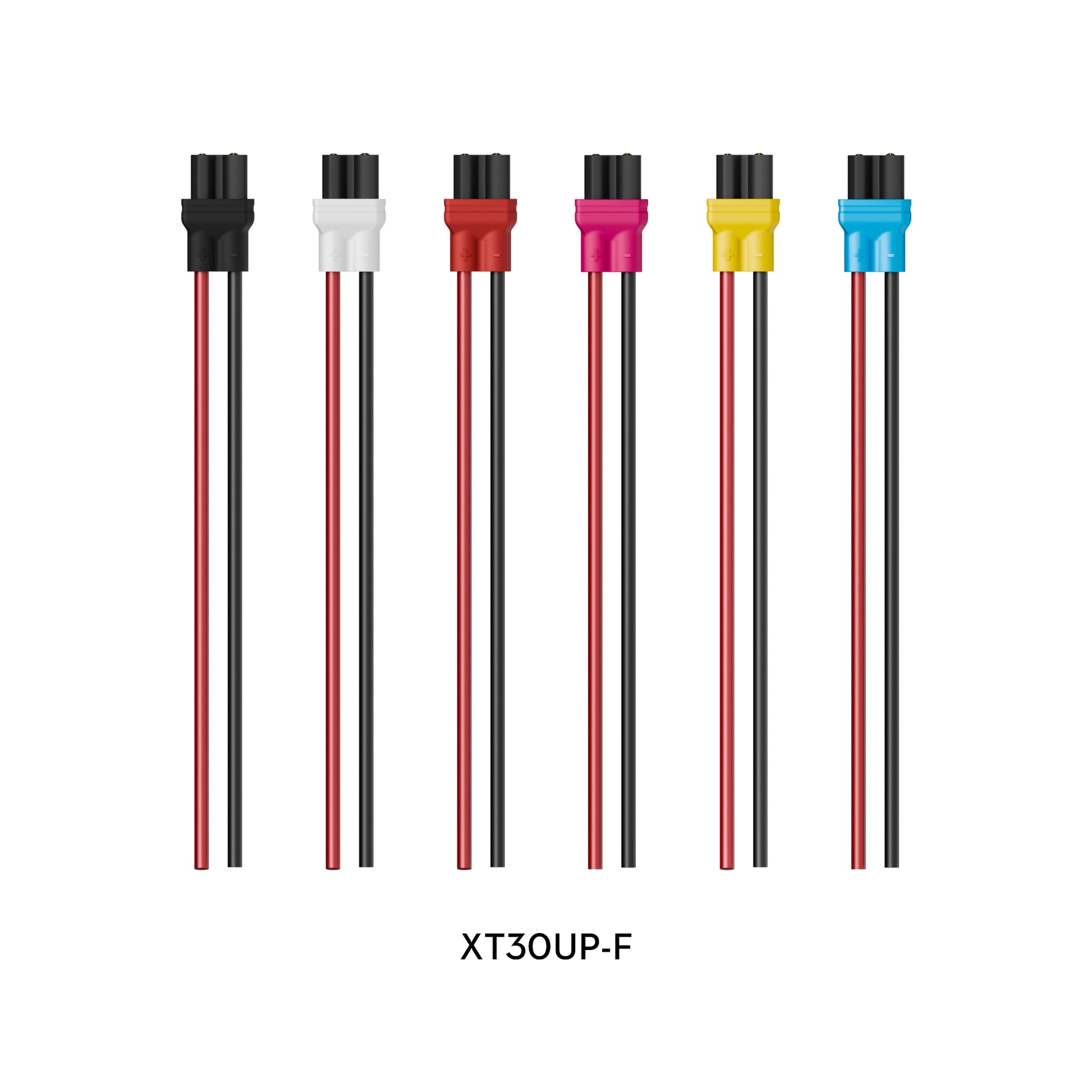 Flywoo XT30UP-F female XT30 battery connector pigtails with red and black leads in multiple colors