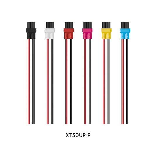 Flywoo XT30UP-F female XT30 battery connector pigtails with red and black leads in multiple colors