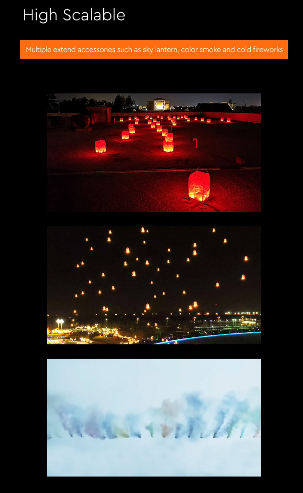 XF S-3Classic Light Show Drone, Drone swarm features extension accessories like sky lanterns, colored smoke, and cold fireworks for an immersive light show.