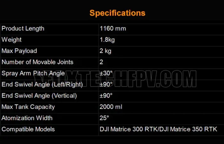 The AeroClean P1 Drone has a length of 1160mm, can carry up to 2kg, and features movable joints and a spray arm with adjustable angles.