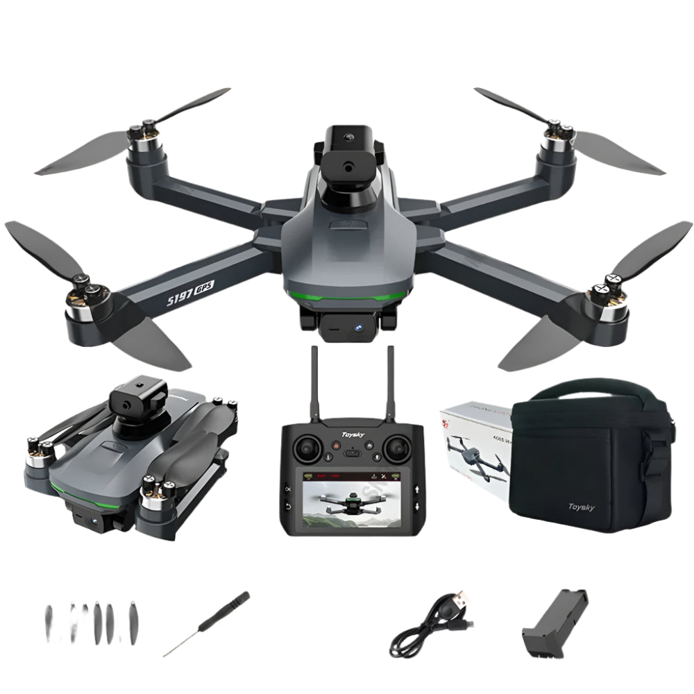 2025 New S197 Drone, A drone with GPS return, optical flow, brushless motor, 360° obstacle avoidance, 8K camera, and a 4.5" screen remote control, includes spare parts and accessories.