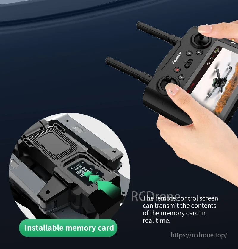 2025 New S197 Drone, The remote control screen live-transmits memory card contents, while the installable memory card boosts functionality for smooth data transfer and storage.