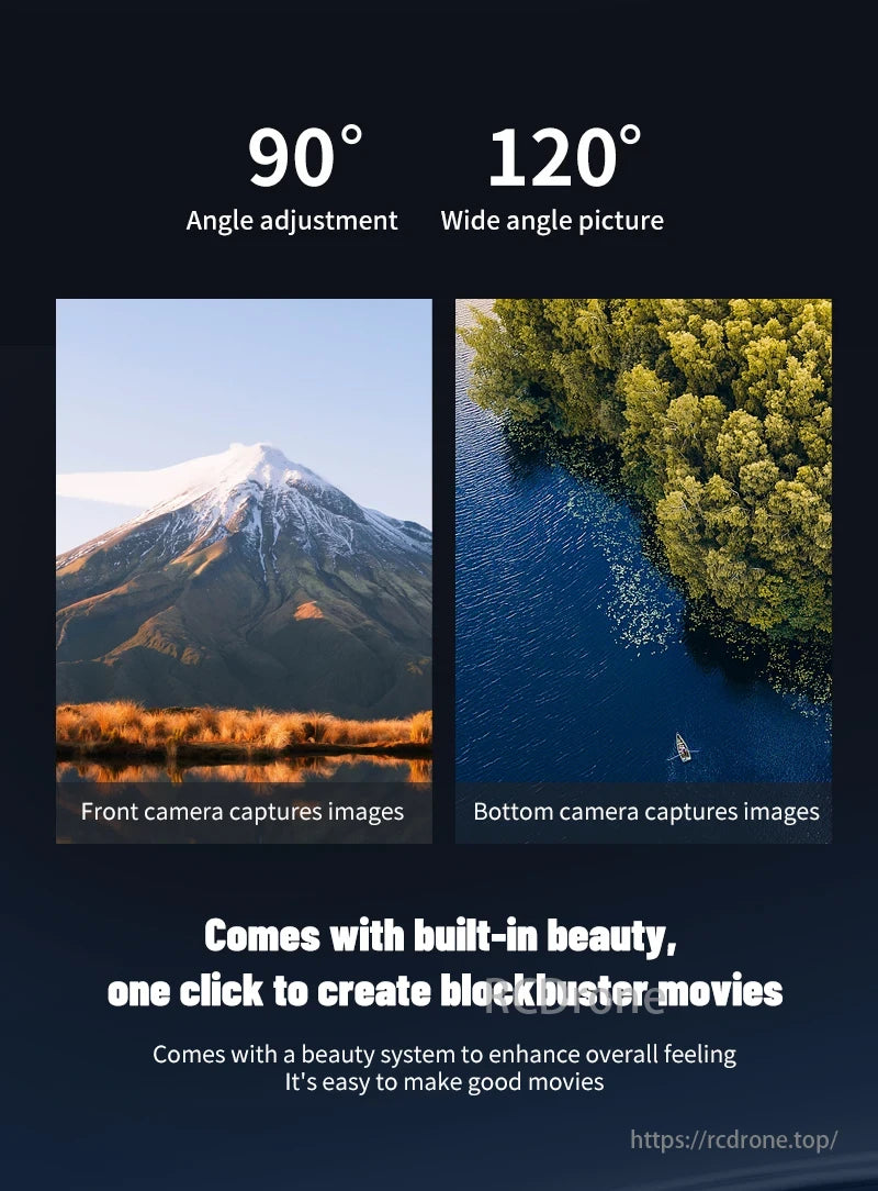 2025 New S197 Drone, The device offers a 90° adjustable angle, 120° wide-angle front and bottom cameras for capturing images, with built-in beauty enhancements.