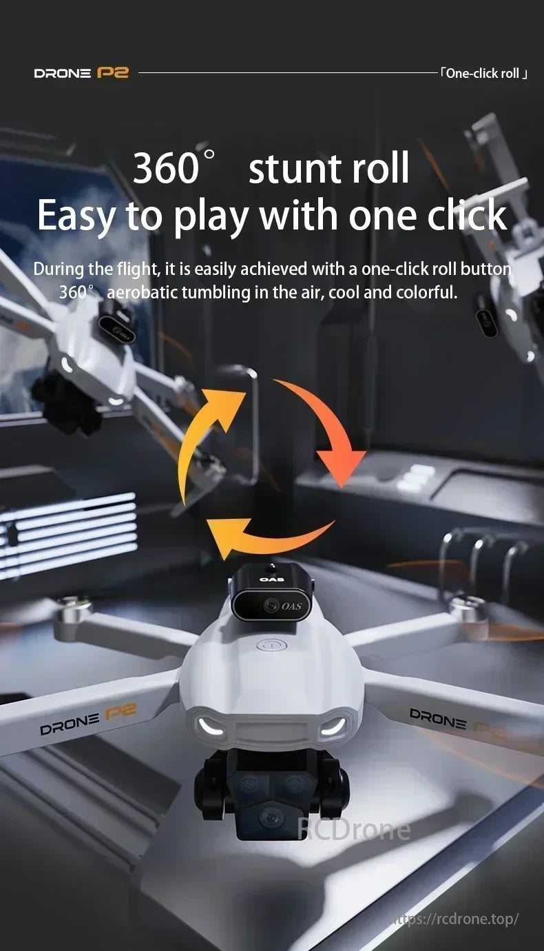 2025 P2 Mini Drone, Drone P2 features a one-click 360° stunt roll with colorful aerial tumbling.