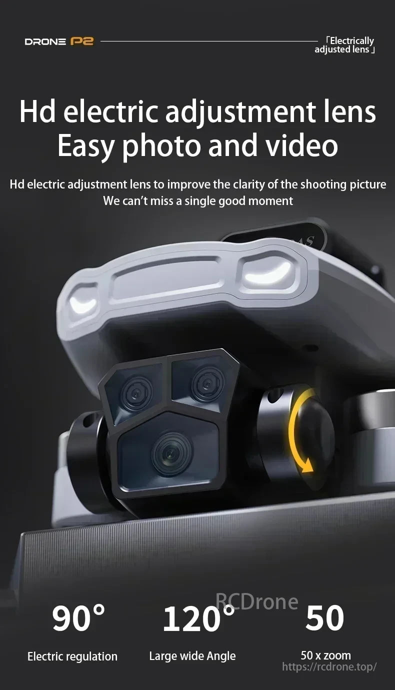 2025 P2 Mini Drone, Drone P2 offers an HD electric adjustment lens with 90° regulation, 120° wide angle, and 50x zoom for clear photos and videos.