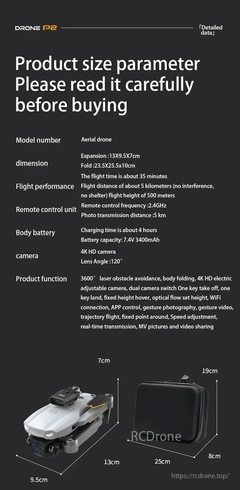 2025 P2 Mini Drone, Drone P2 offers 4K HD camera, 35-minute flight, 5km range, obstacle avoidance, folding design, dual cameras, gesture control, app functionality, and more, with a 4-hour charge time.