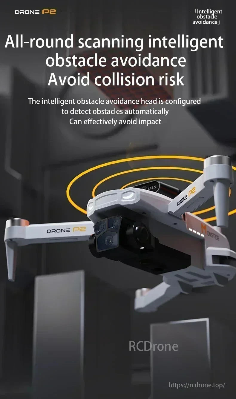 2025 P2 Mini Drone, Drone P2 offers intelligent obstacle avoidance, scanning 360 degrees to detect and avoid collisions for safe flight navigation.