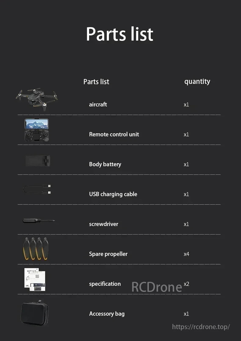 2025 P2 Mini Drone, Parts list includes aircraft, remote, battery, cable, screwdriver, propellers.