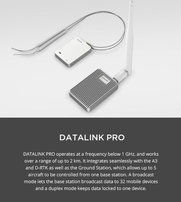 DJI A3 Autopilot Flight Controller, DATALINK PRO, operating below 1 GHz, controls up to 5 aircraft, broadcasts to 32 devices, supports duplex mode, with 2 km range and A3/D-RTK integration.