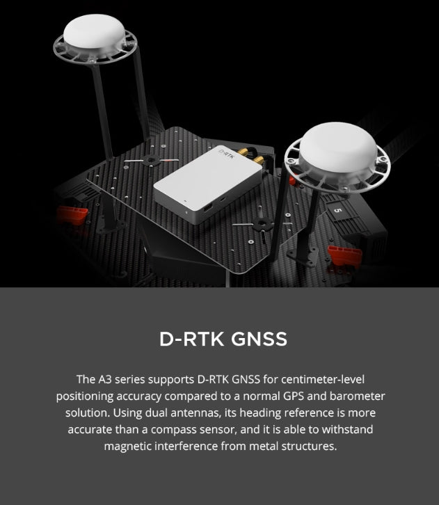 DJI A3 Autopilot Flight Controller. A3 series supports D-RTK GNSS for centimeter-level accuracy. superior to standard GPS and barometer solutions. with dual antennas for better direction and magnetic interference resistance.