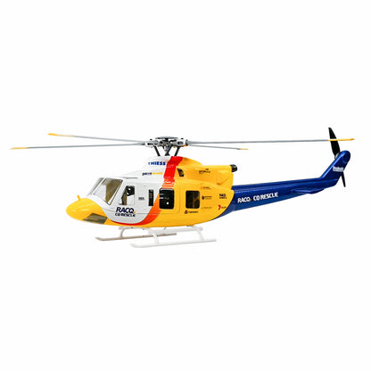 Flywing Bell-412 Scale RC Helicopter, Yellow and blue RACQ CQ RESCUE helicopter model with THIESS, Pacific National logos, four-blade rotor.