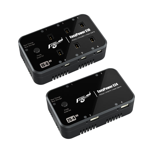 Flywoo EasyPower E16/E24 1S/2S Battery Charger, Flywoo EasyPower E16 and E24 1S/2S battery chargers with 6-port and 4-port layouts and mode button