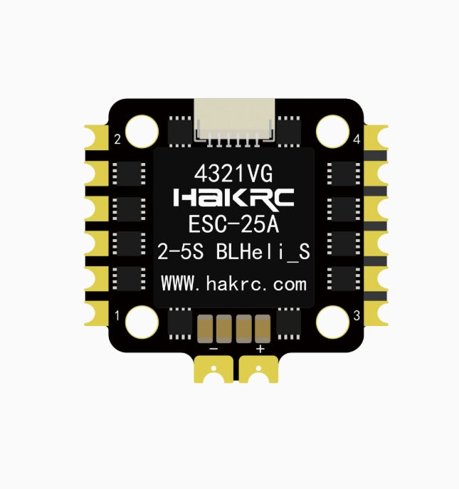 HAKRC BLS 25A 4-in-1 ESC, HAKRC ESC-25A 4-in-1 for FPV supports 2-6S LiPo and uses BLHeli_S firmware.