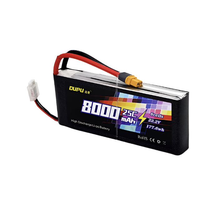 DUPU 8000mAh 6S LiPo battery with 25C discharge, 22.2V voltage, 177.6Wh capacity, and XT60 connector.