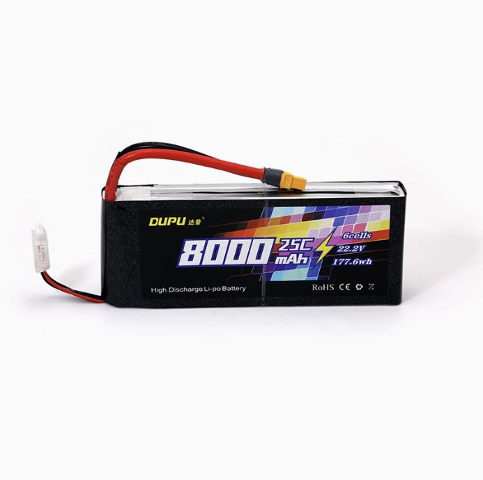 DUPU 8000mAh 6S LiPo battery: 25C discharge, 22.2V voltage, 177.6Wh capacity.