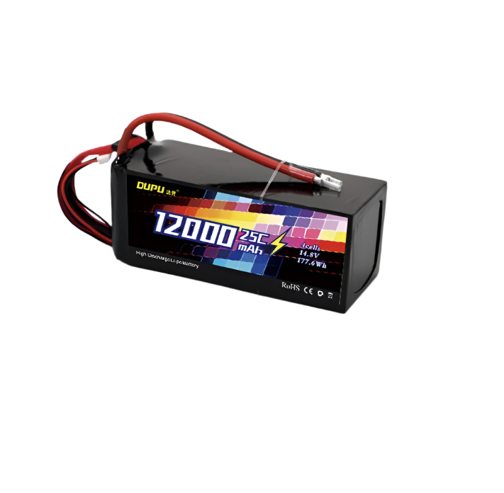 DUPU 12000mAh 25C LiPo battery, 14.8V, 177.6Wh, for drones with XT60/XT90 plugs. Compact and powerful.
