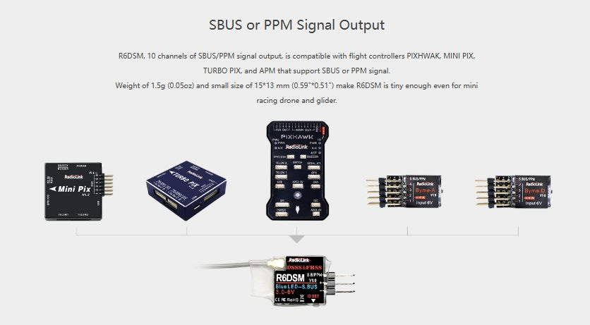 RadioLink R6DSM Receiver, R6DSM provides 10-channel SBUS/PPM output, compatible with PIXHAWK, MINI PIX, TURBO PIX, and APM. Its 1.5g weight and 15x13mm size suit mini racing drones and gliders.