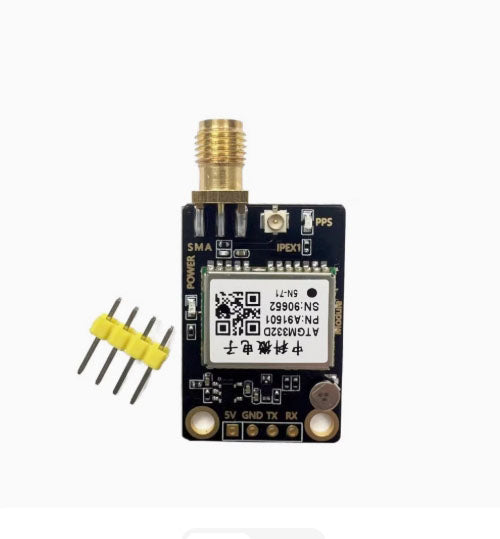 UBLOX M10, TAU1201, and ATGM332D GPS, GPS module with SMA connector, QR code, and pin header interface.