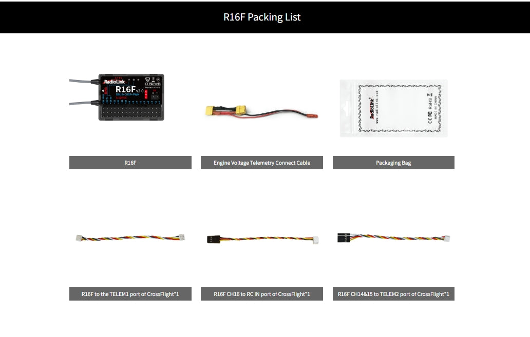 RadioLink R16F 2.4GHz 16CH Receiver, The package includes an R16F 2.4GHz 16CH receiver, engine voltage telemetry cable, packaging bag, and three CrossFlight port cables.