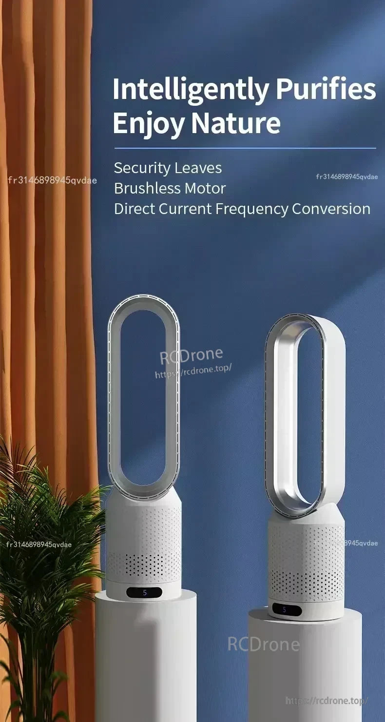 Quiet bladeless electric tower fan with air purification, brushless motor and DC frequency conversion