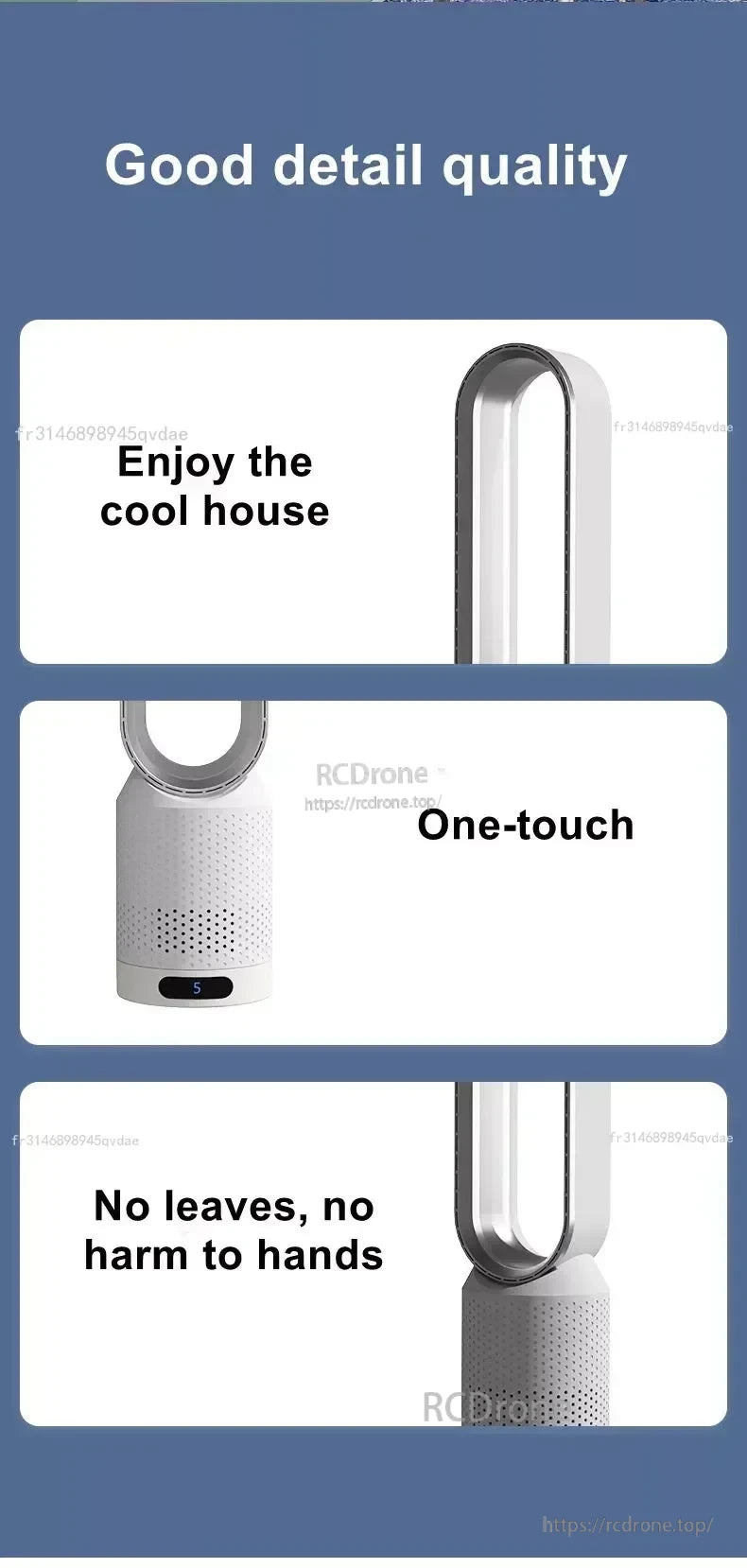 Close-up highlights of bladeless tower fan build: one-touch control and smooth, safer no-blade airflow
