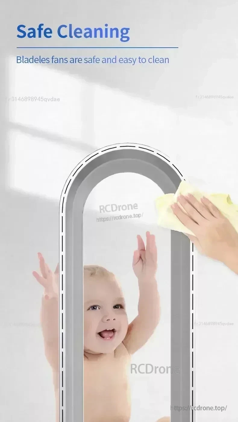 Wipe-clean bladeless loop fan design for safer use around kids and easy surface cleaning