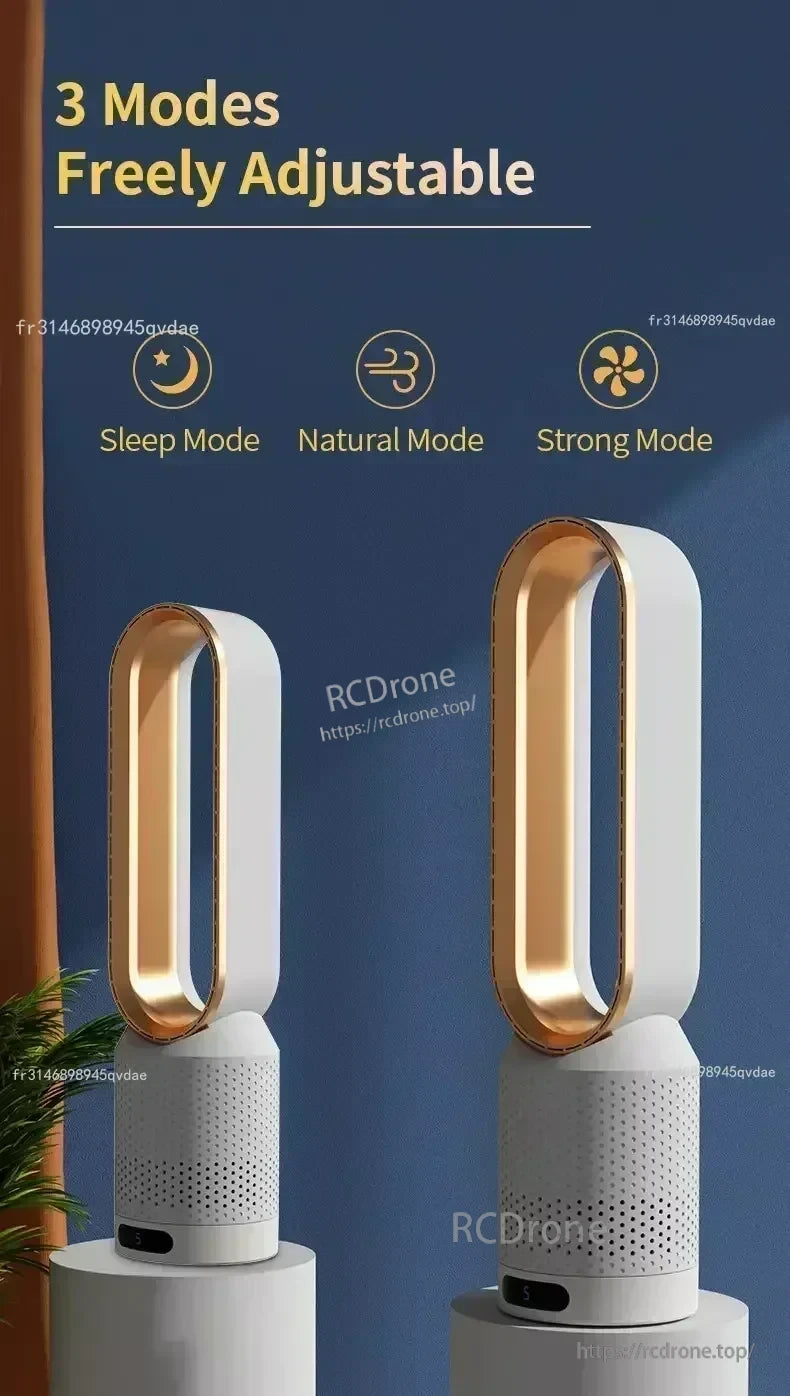Three fan modes—Sleep, Natural, and Strong—on a quiet bladeless electric tower fan