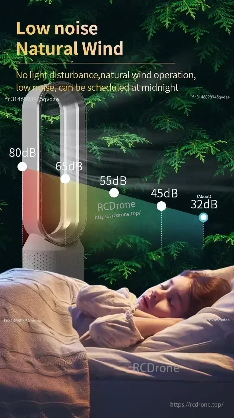 Low-noise bladeless tower fan for sleep, with natural wind option and quiet operation down to ~32 dB