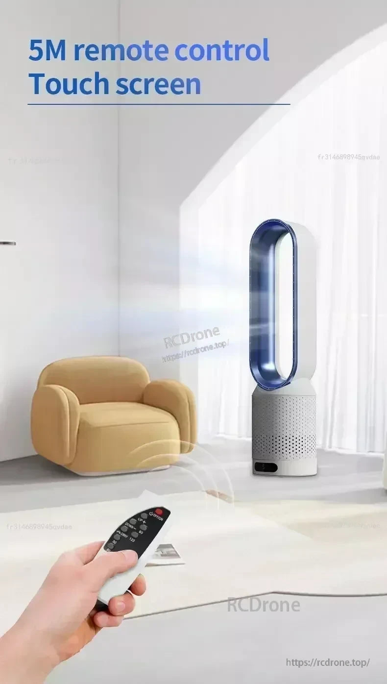 Wireless remote control operation up to 5 m with touch screen controls on the bladeless tower fan
