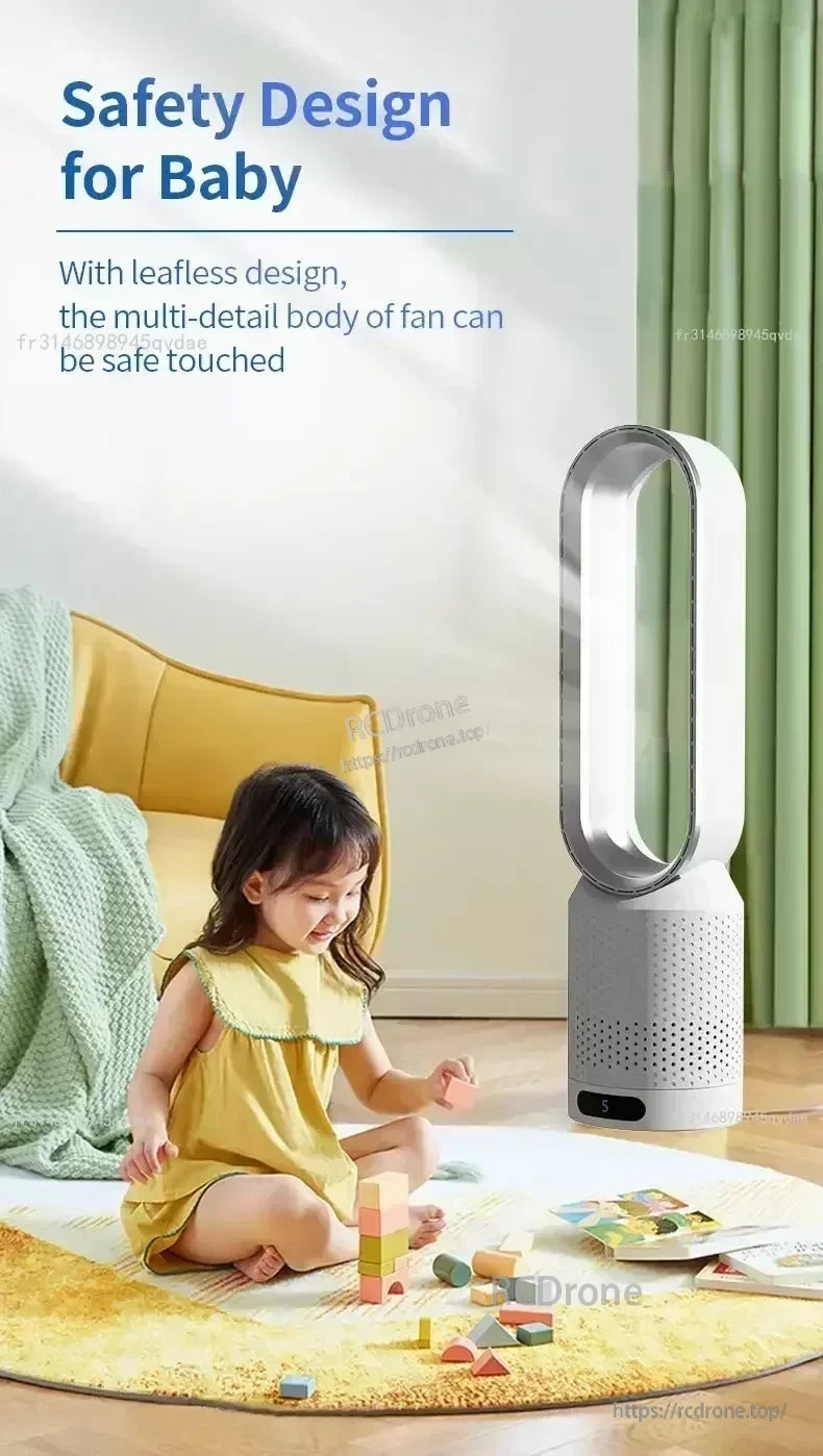 Child-safe bladeless fan with multi-detail housing designed for safe touch around families