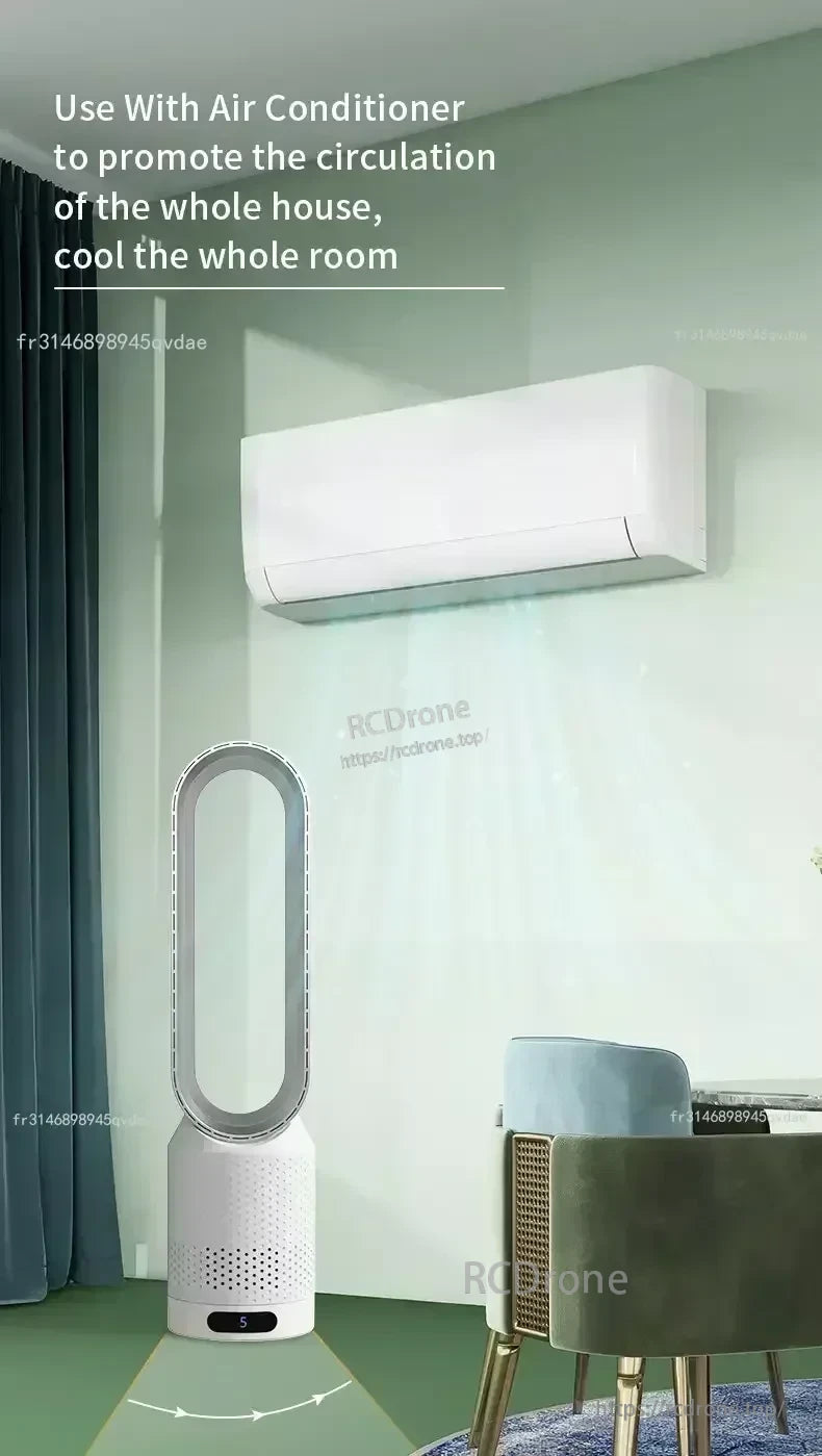 Bladeless tower fan used with an air conditioner to improve whole-room air circulation