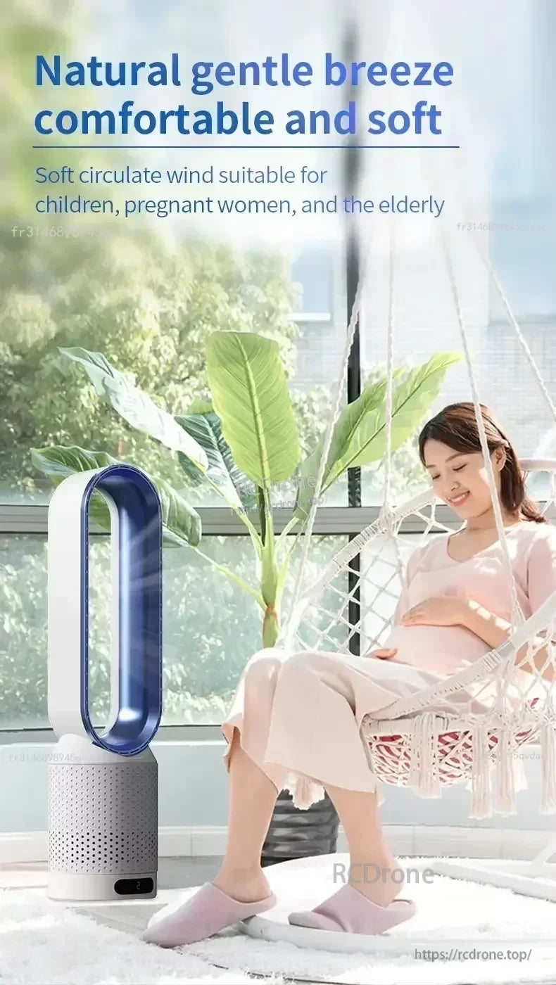Bladeless fan delivering a natural gentle breeze for bedrooms, nurseries, and quiet home relaxation