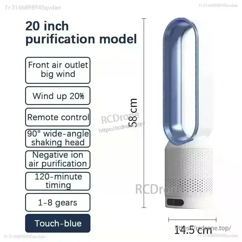 Blue model size chart: 58cm height and 14.5cm width with listed purification features