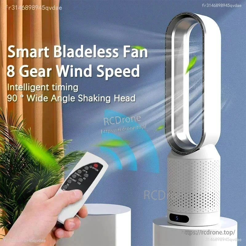 Feature graphic: smart bladeless fan with 8 speed settings and 90° wide-angle oscillation