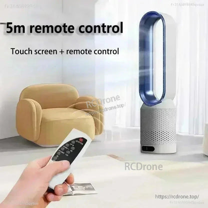 5m remote control range graphic showing touch controls plus handheld remote for the fan