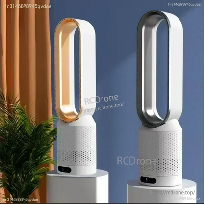 Two bladeless tower fan finishes displayed side by side: gold trim and silver trim models