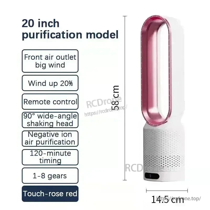 Rose red model size chart: 58cm height and 14.5cm width with listed fan functions