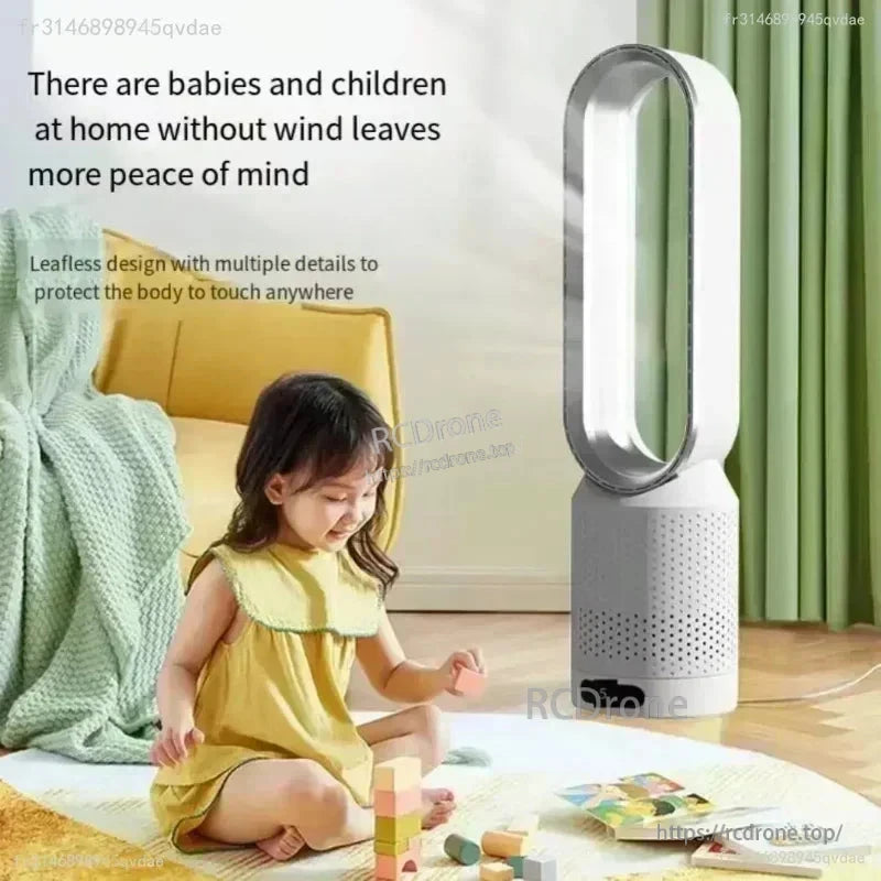 Child-safe leafless tower fan shown beside toddler playing, emphasizing no exposed blades