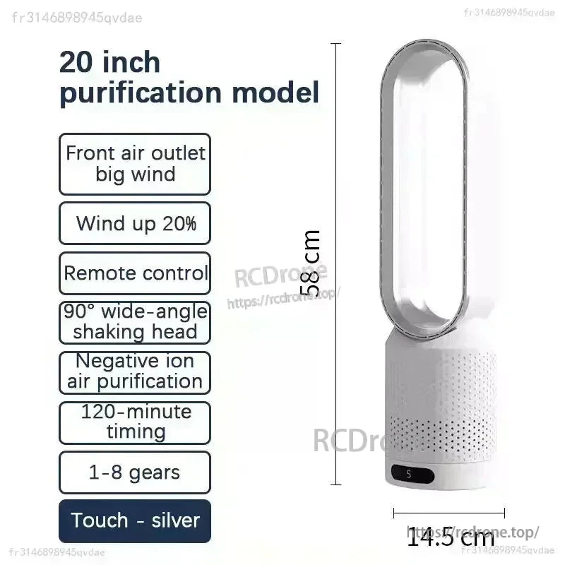 Silver model size chart: 58cm tall, 14.5cm wide, 20 inch purification model feature list