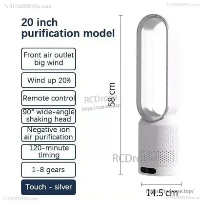 Silver model size chart: 58cm tall, 14.5cm wide, 20 inch purification model feature list