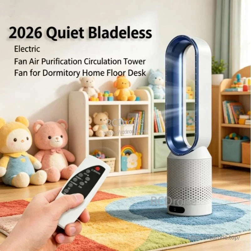 Remote-controlled bladeless tower fan shown in kids room on rug for home air circulation