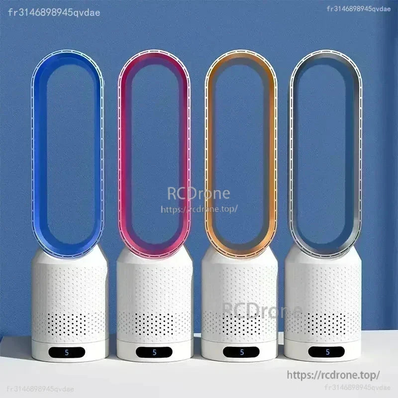 Bladeless tower fan color options lineup: blue, rose red, gold and silver trim frames