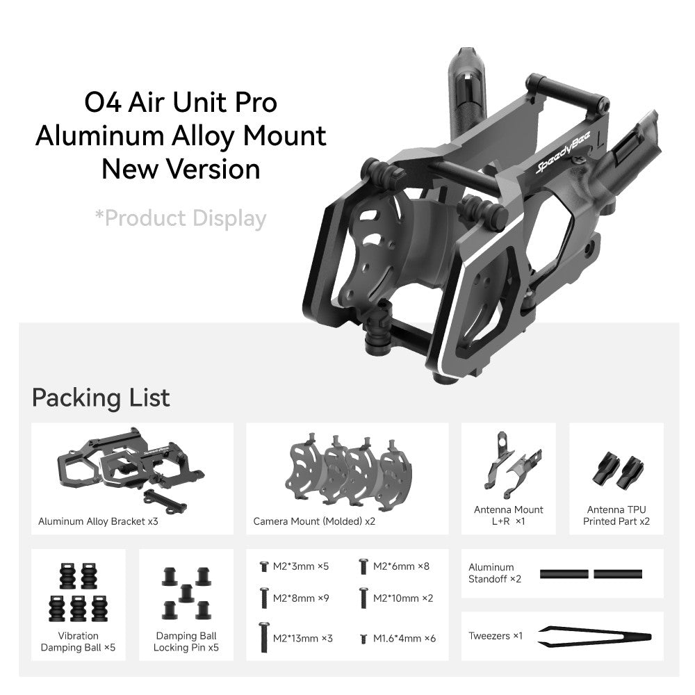 SpeedyBee O4 Air Unit Pro aluminum alloy head mount kit with bracket plates, camera mounts, antenna mounts, and screws