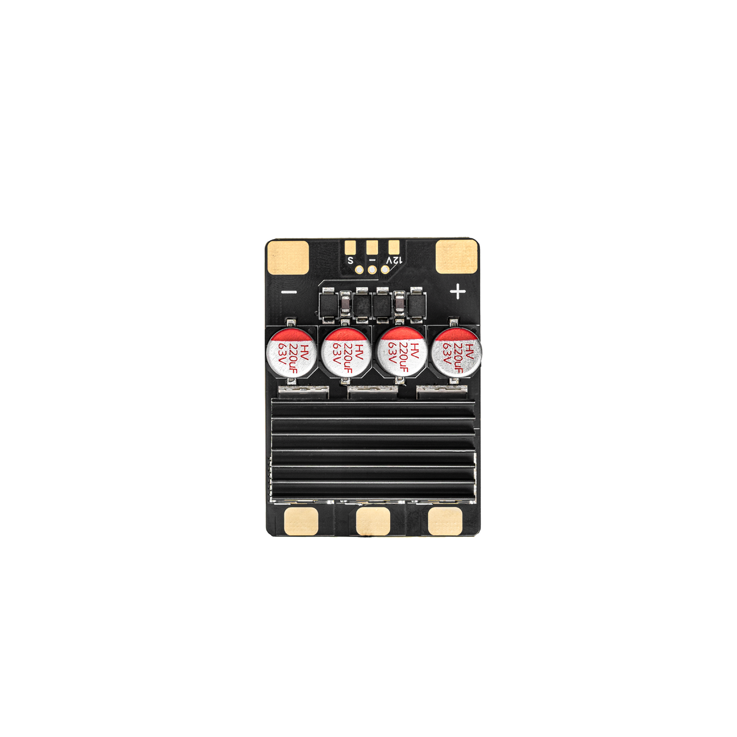 Top-down view of ESC PCB showing heatsink fins, four capacitors, and plus/minus power pad markings