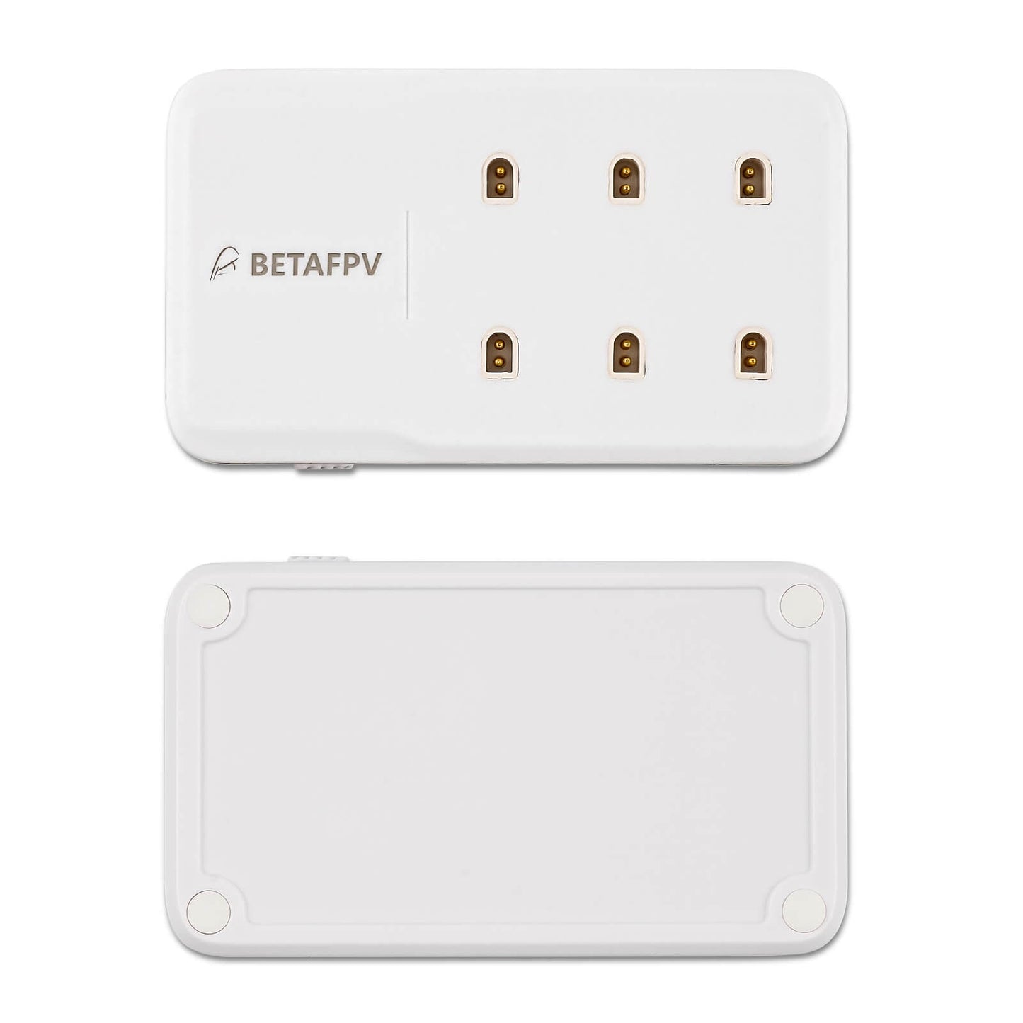Top and bottom views of the BETAFPV charger showing 6-pin charging contacts and flat base