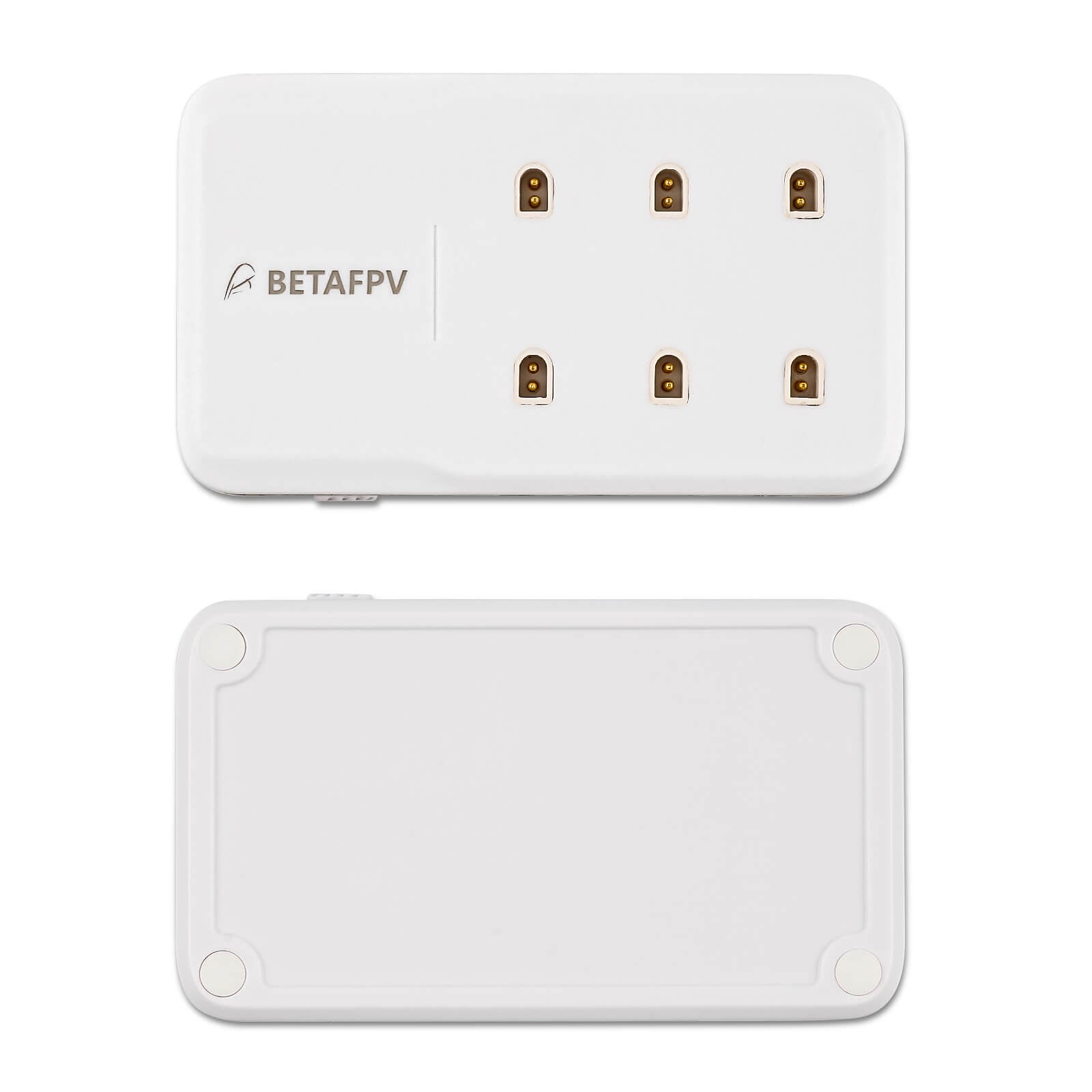 Top and bottom views of the BETAFPV charger showing 6-pin charging contacts and flat base